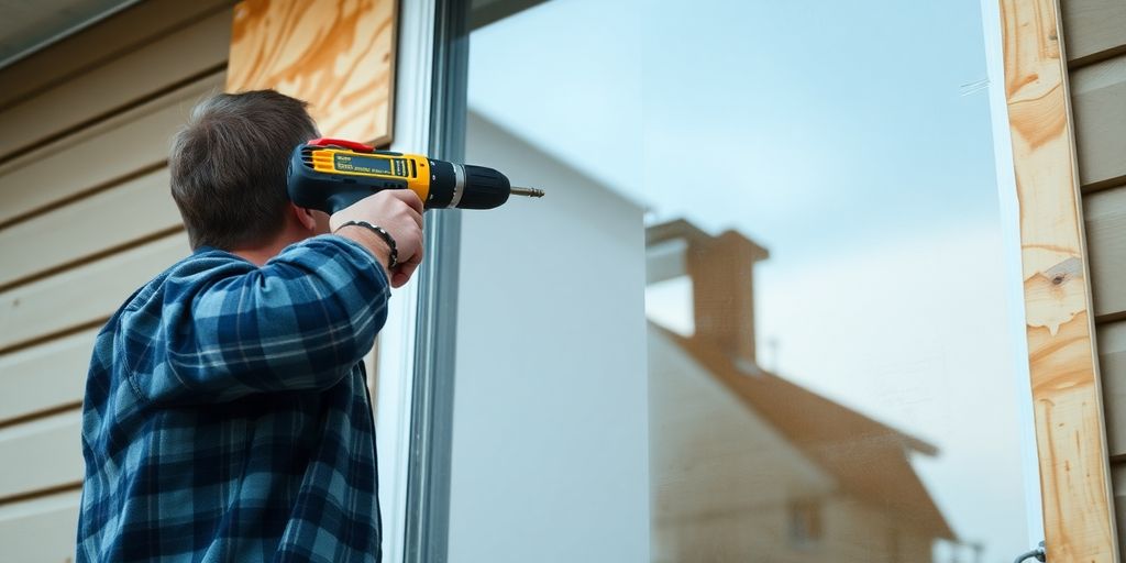 Homeowner boarding up windows with plywood for storm.