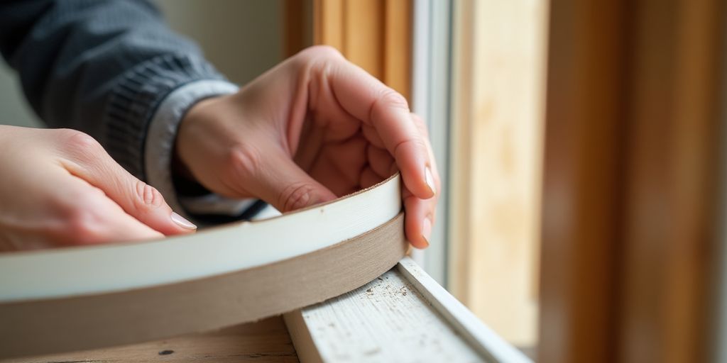 Person sealing a door with weatherstripping for efficiency.