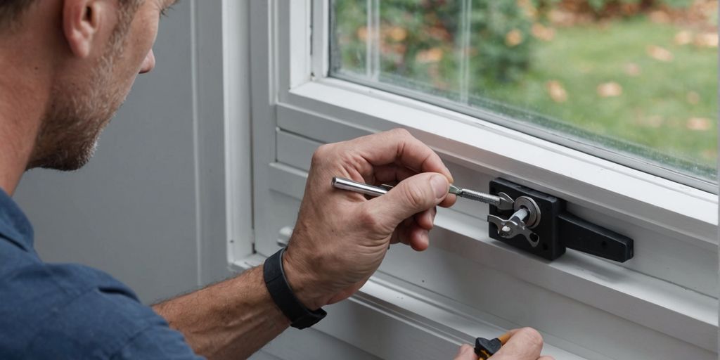 Installing a window latch on a white-framed window.