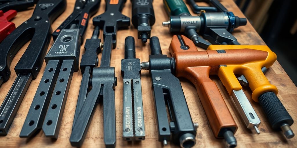 An array of different rivet tools on a workbench.