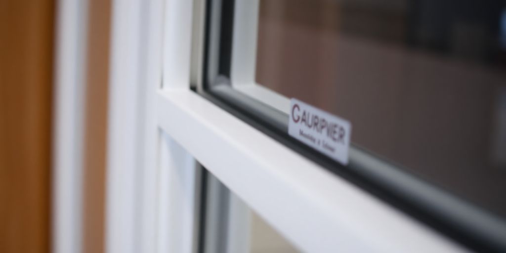 Close-up of a window frame with manufacturer's logo.