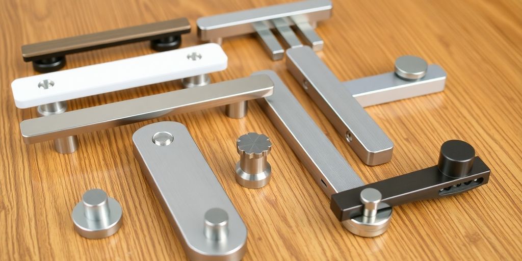 Selection of stylish sliding door handles on wood surface.
