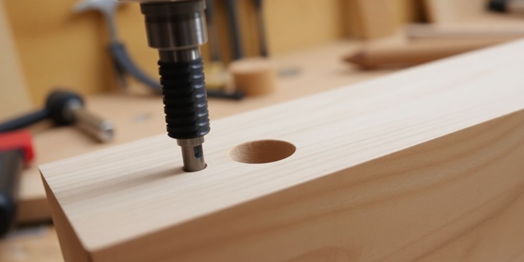 Close-up of a drill bit creating a pilot hole.