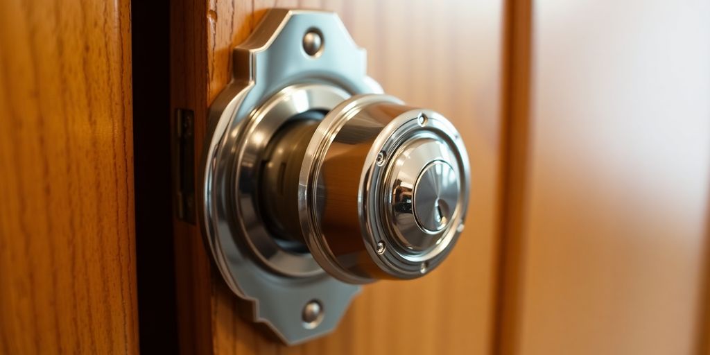 Close-up of a mortise lock on a wooden door.