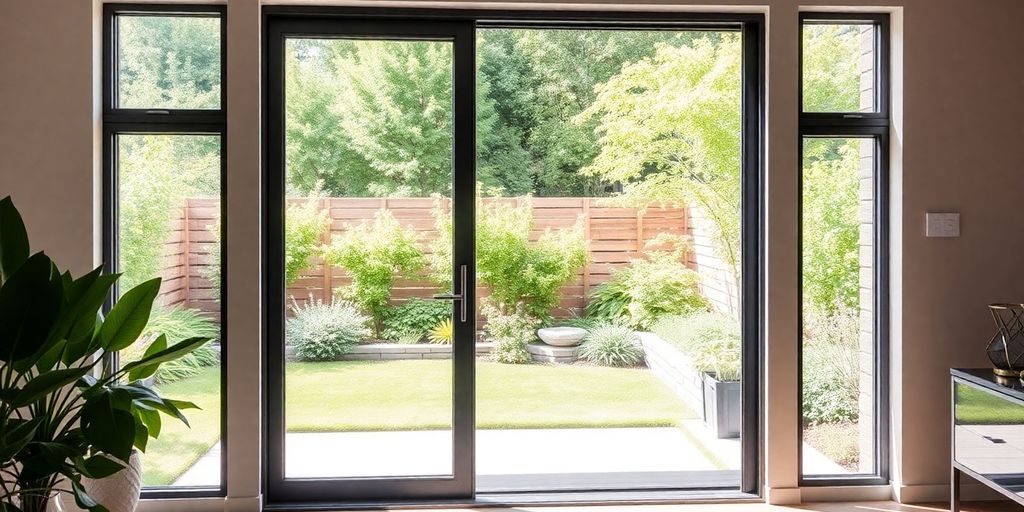 Modern patio door leading to a vibrant garden.