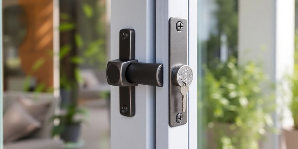 Close-up of a sliding door lock on a patio door.
