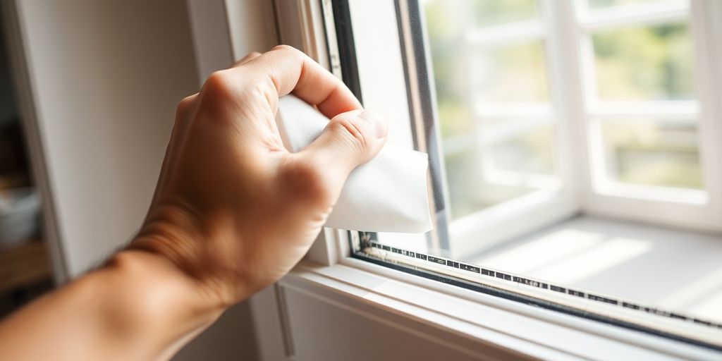 Hand applying weather stripping to a window frame.