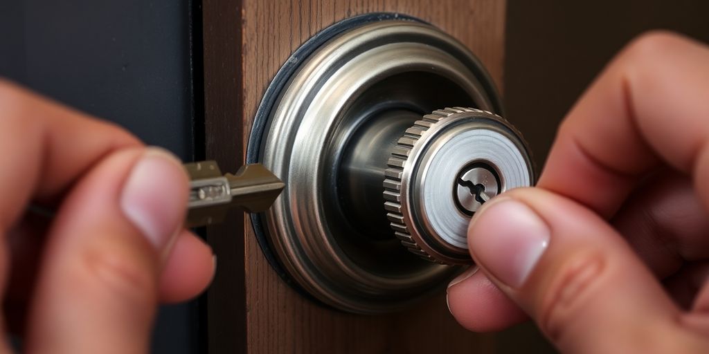Close-up of a deadbolt lock with key inserted.