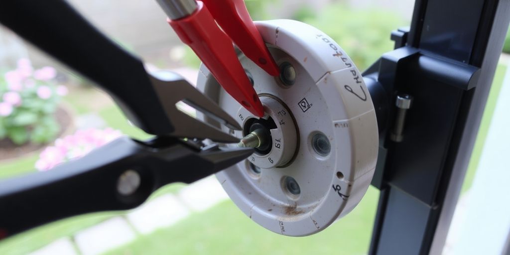 Close-up of repairing a patio screen door wheel.