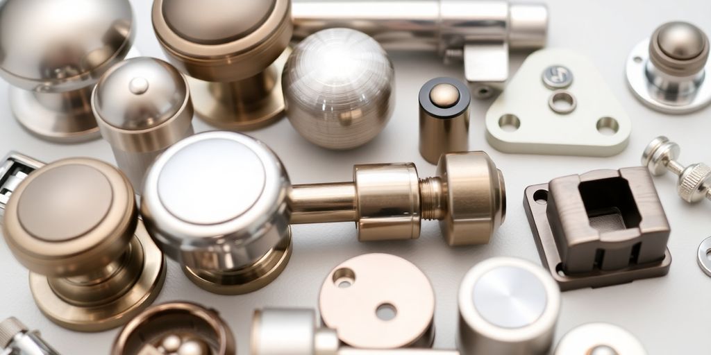 Various closet door hardware fittings displayed artistically.