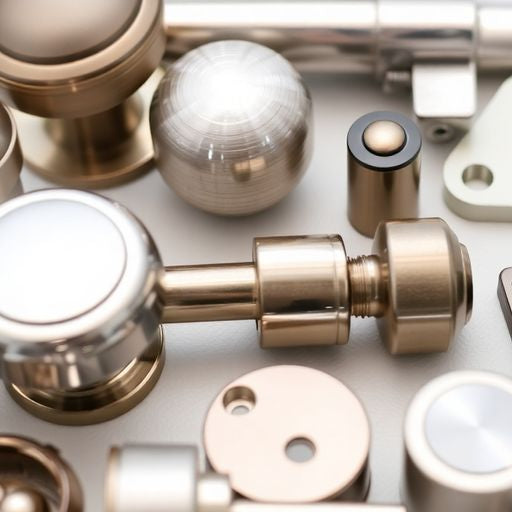 Various closet door hardware fittings displayed artistically.