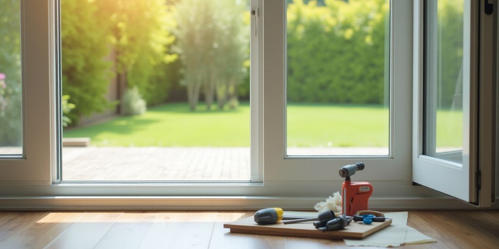 Sliding glass door with weather stripping tools beside it.