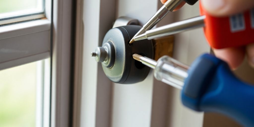 Close-up of a window crank handle repair.