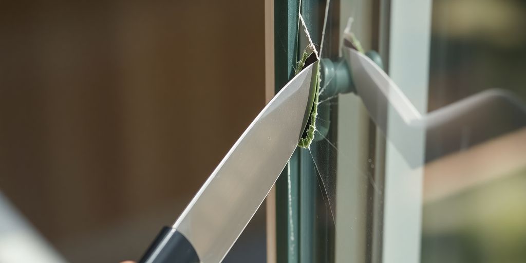 Knife unlocking a window in a close-up view.