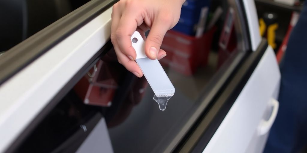 Person removing adhesive from a car door in garage.