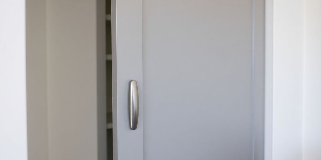 Close-up of sleek sliding closet door finger pull.