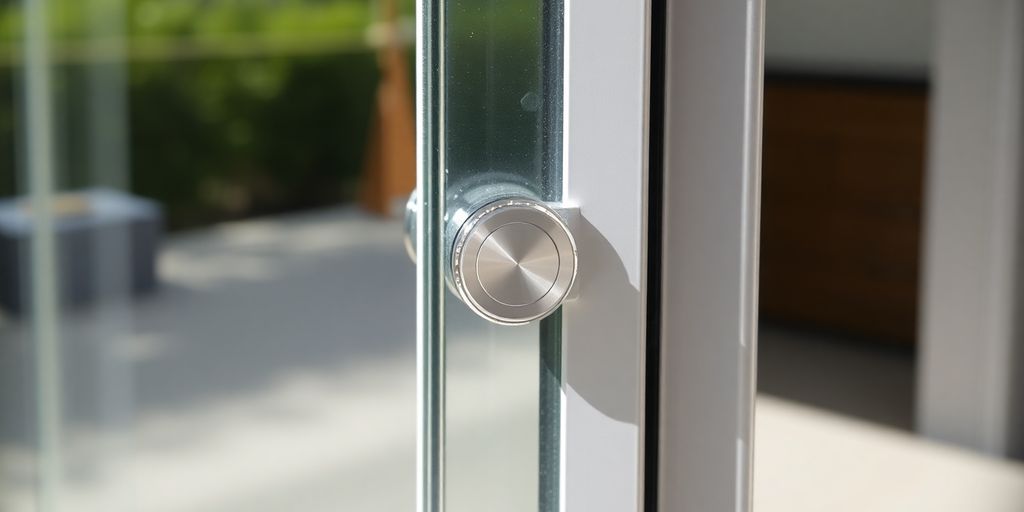 Close-up of a key lock on a sliding glass door.