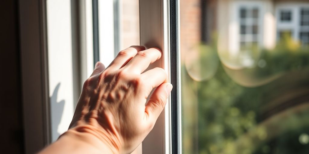 Person unlocking a sash window from the outside.