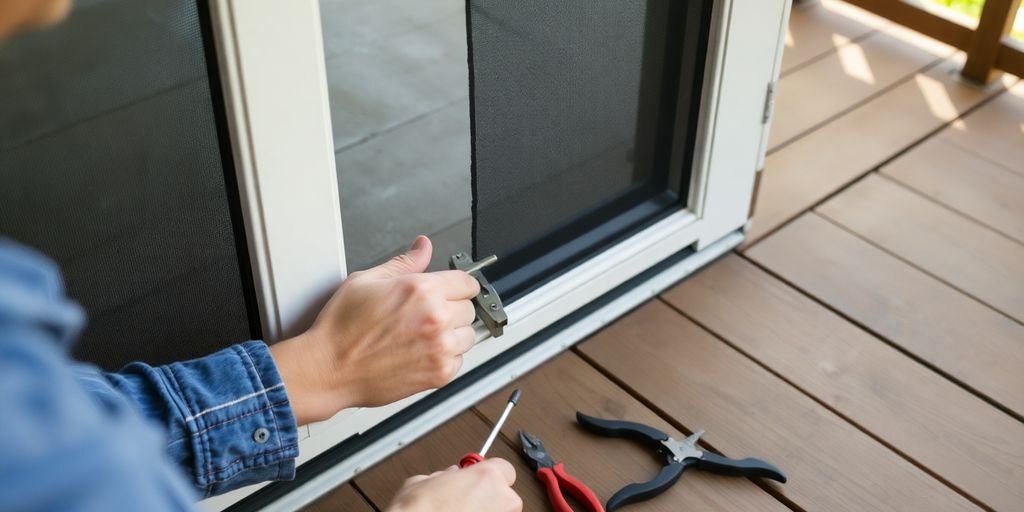 Person removing a screen door with tools on porch.