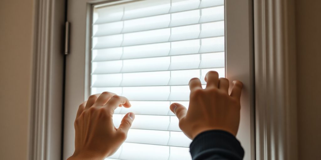 Hands fixing magnetic blinds inside a door.