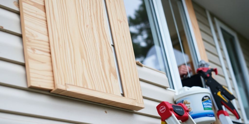 Homeowner boarding up windows for hurricane preparedness.