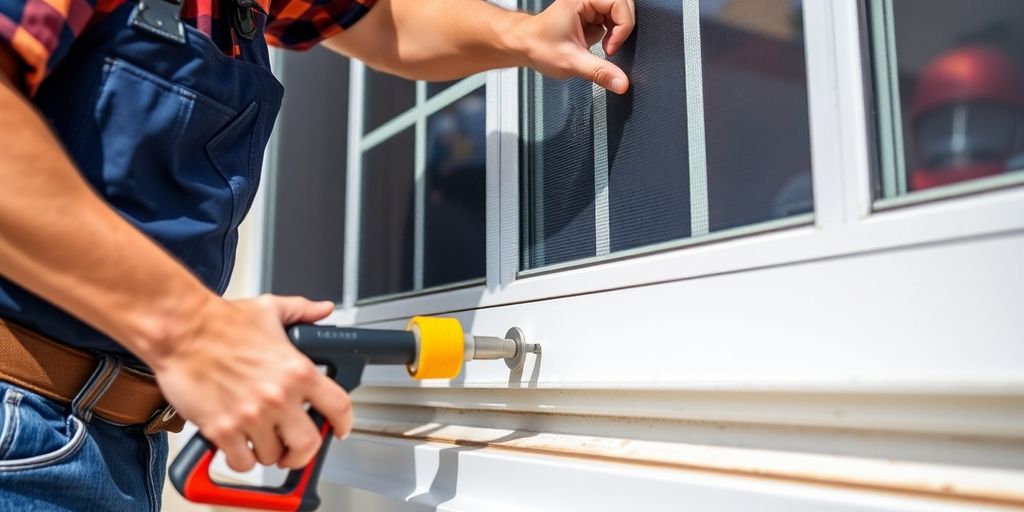 Worker rescreening a window in a bright setting.