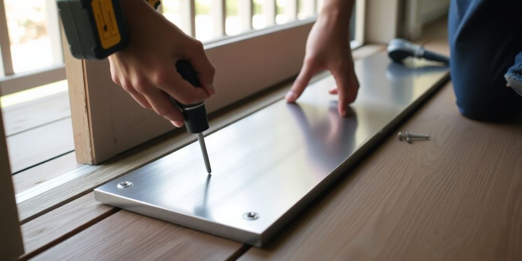 Hands installing a kick plate on a porch.