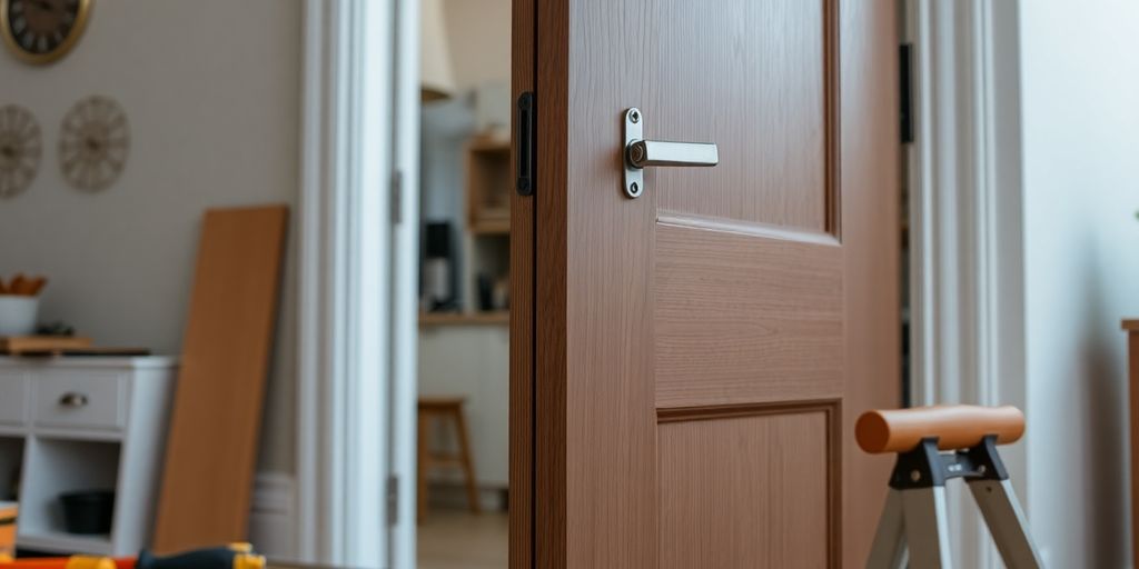 Bifold door partially open with tools nearby.