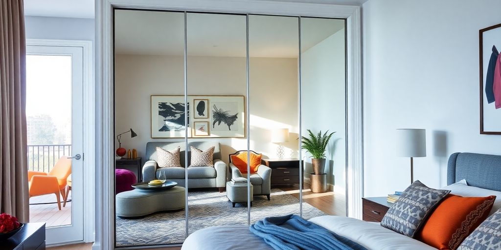 Stylish bedroom with mirror closet doors reflecting decor.