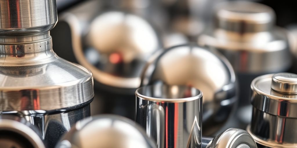 Close-up of dull chrome surfaces with muted reflections.