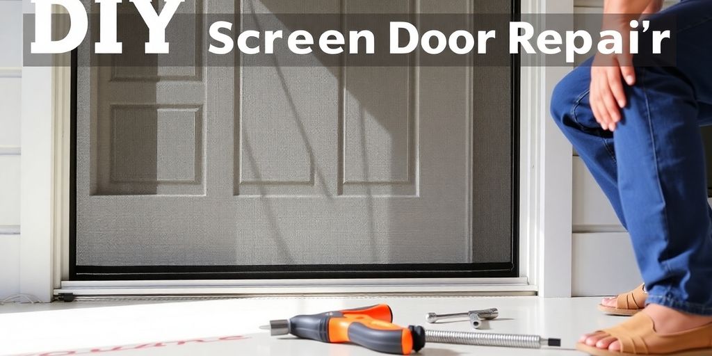Person repairing a screen door with tools nearby.
