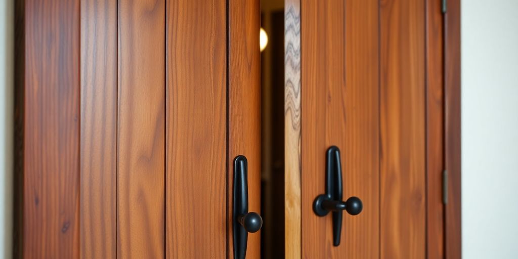 Crafted wooden swinging doors in a rustic setting.