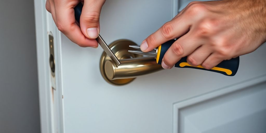 Hands replacing a door handle with tools.