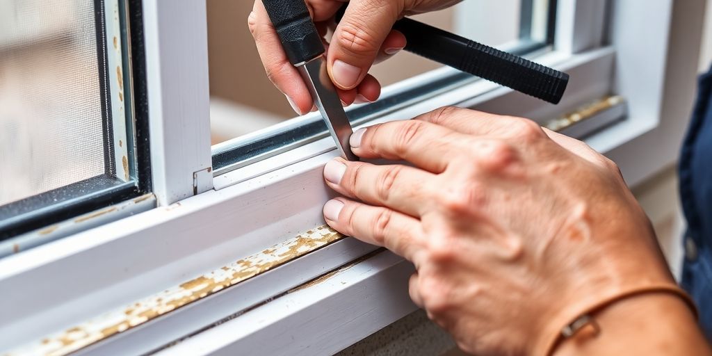 Technician repairing an aluminum window frame with tools.