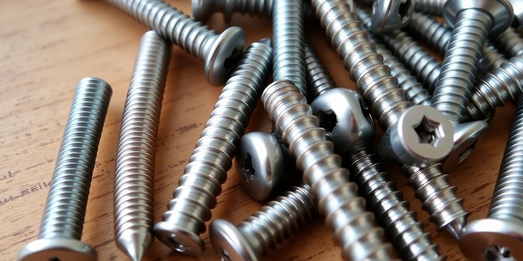 Close-up of assorted #8 screws on wood surface.