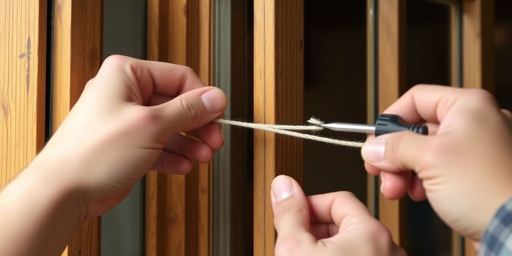 Hands restoring old window sash cords with tools.