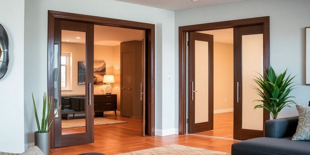 Modern interior with sleek swinging doors and warm lighting.