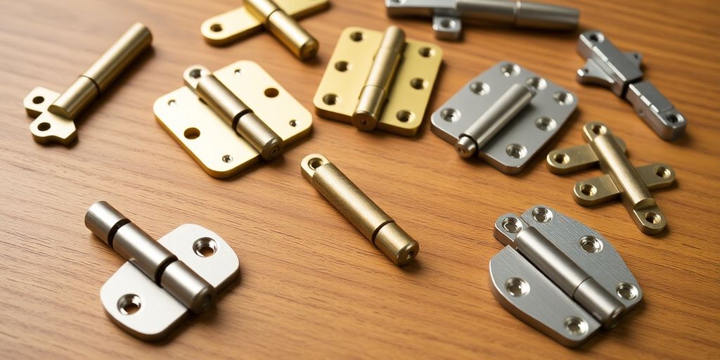 Various butt hinges on a wooden surface.