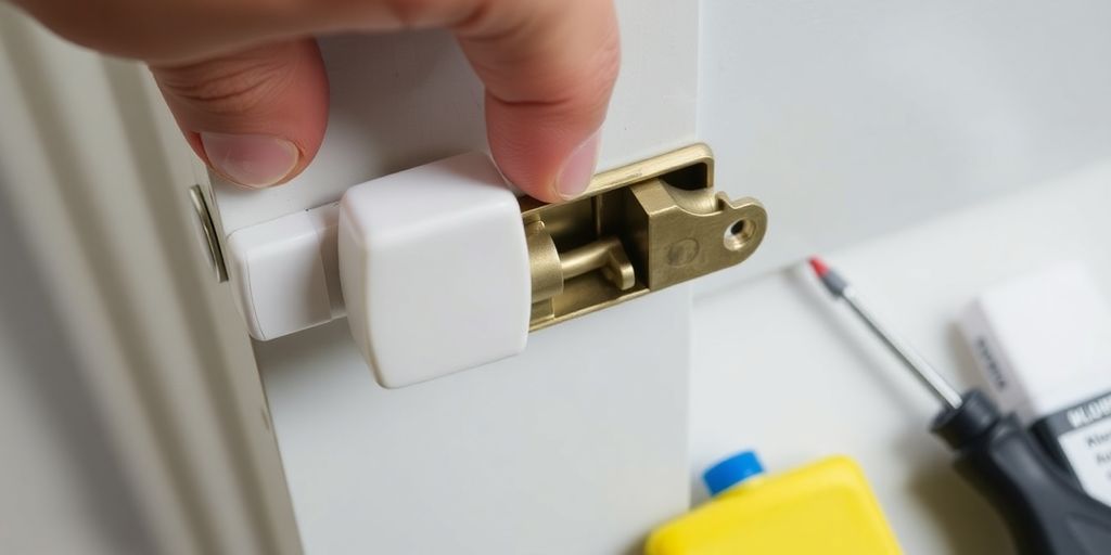 Hand fixing a stuck door latch with tools.