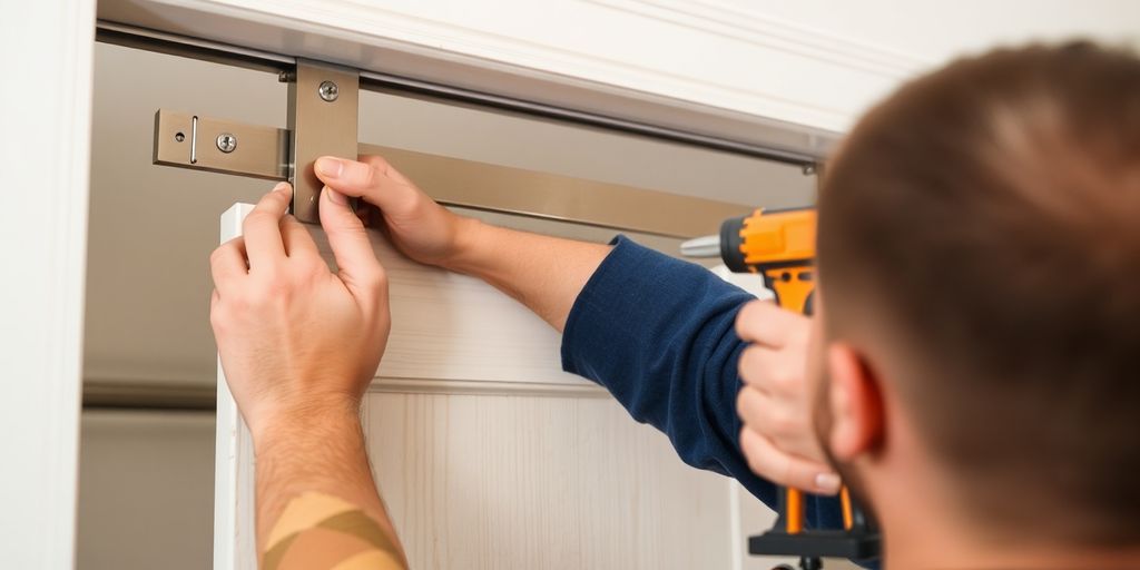 Person fixing a sliding closet door with tools.