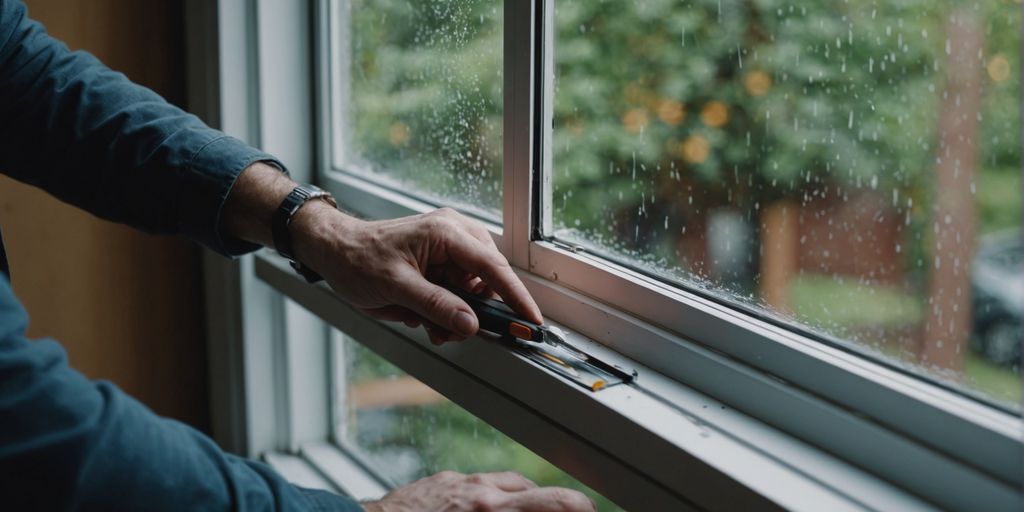 Applying weather stripping to window frame with tools.