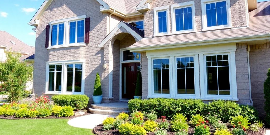 Elegant home exterior with Pella replacement windows and landscaping.