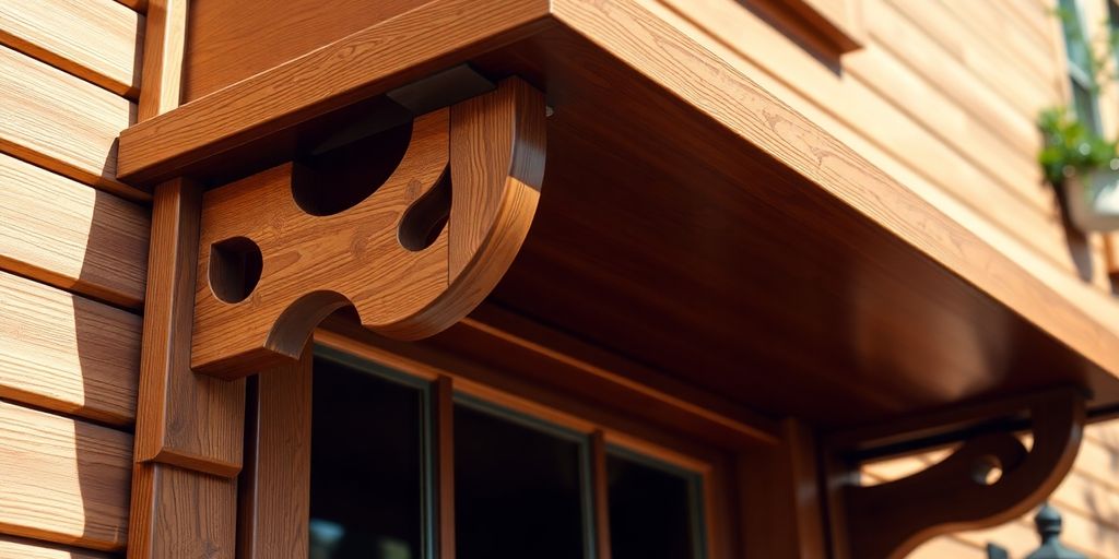 Wooden window awning with intricate joinery and rich finish.