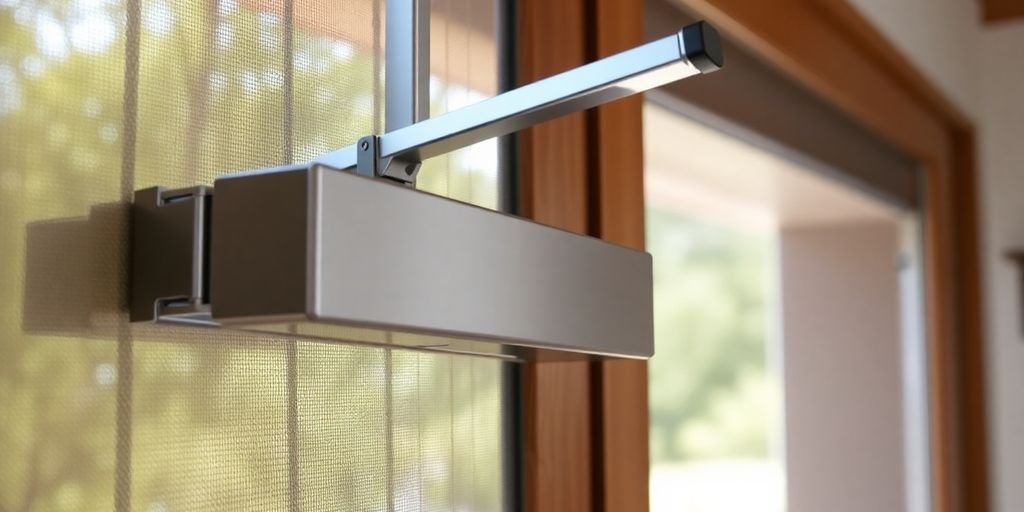 Close-up of a screen door closer installed on a door.