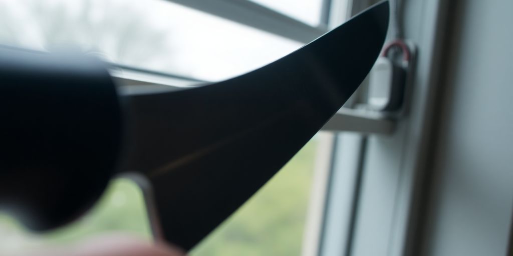 Knife unlocking a window, close-up view.