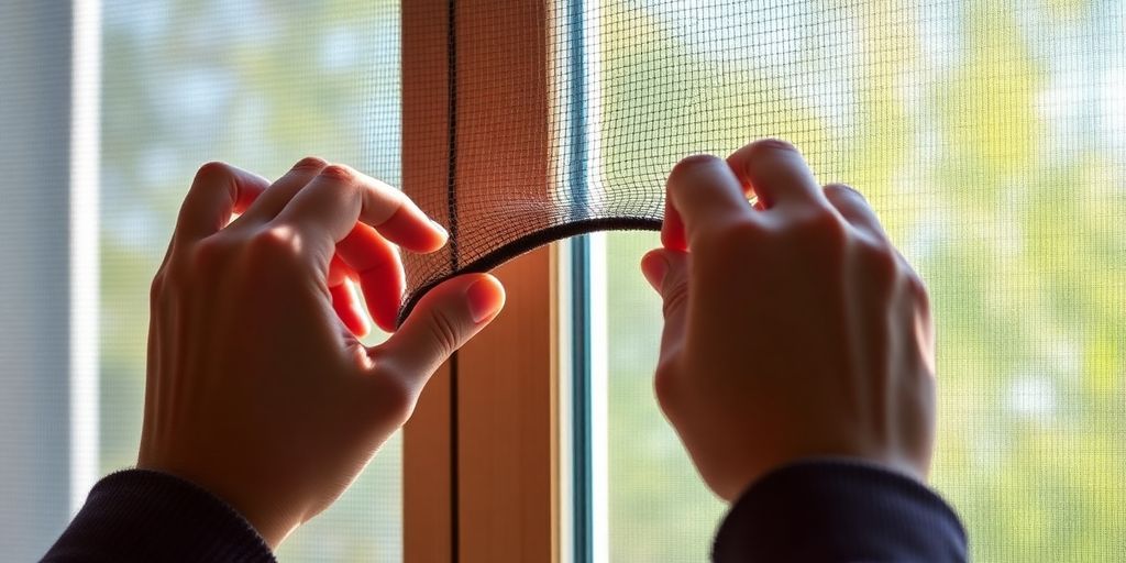 Hands removing a window screen from a frame.