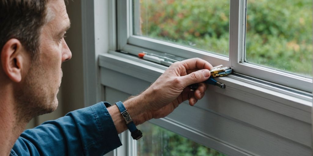 Person examining window seal with tools and materials.