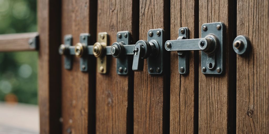 Different types of window latches on a wooden table.