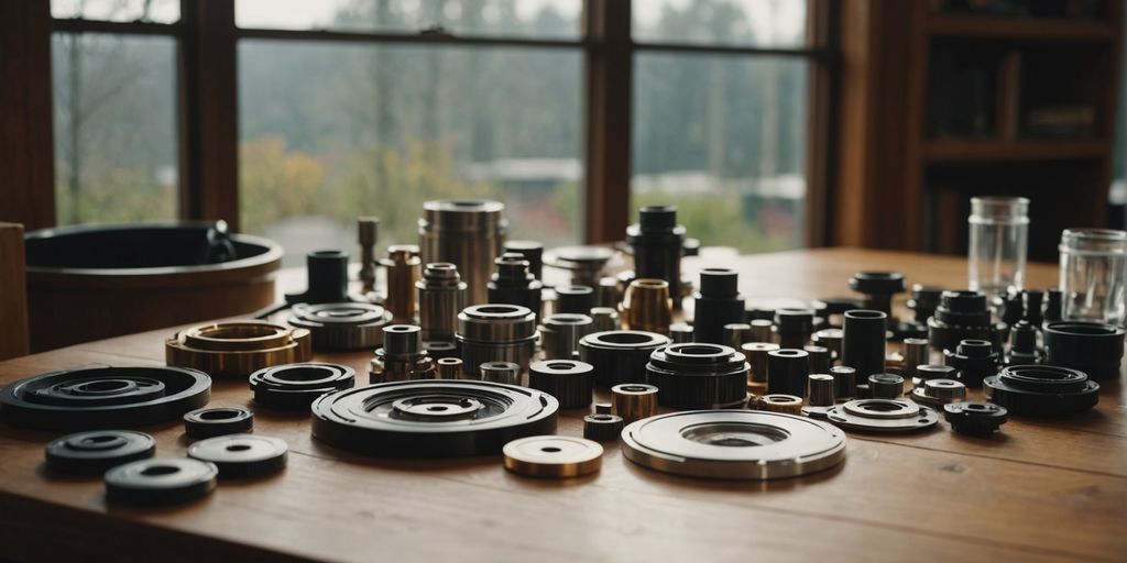 Assorted Andersen window parts on a wooden table.