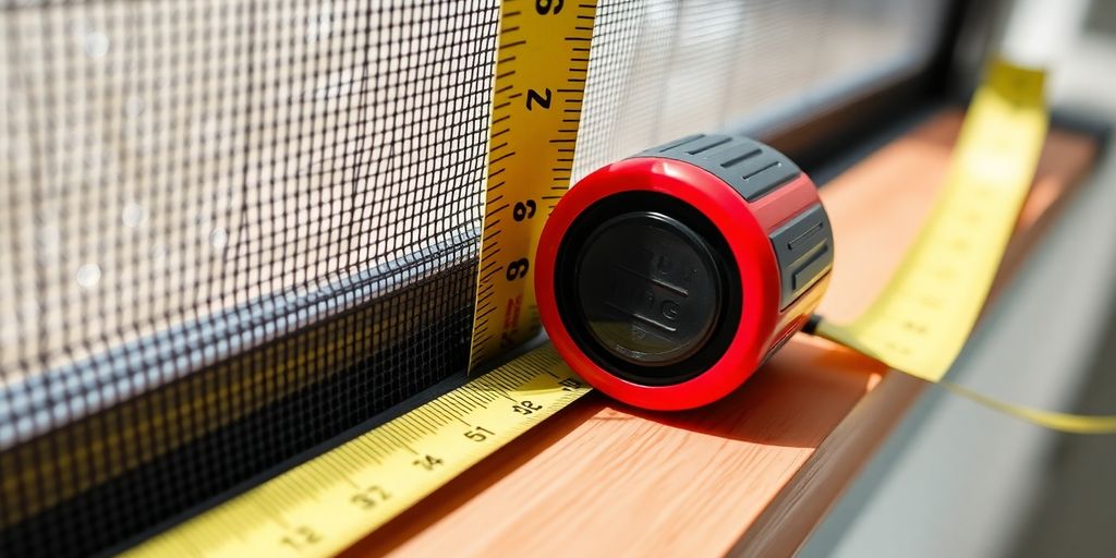 Measuring tape next to window screen for accurate sizing.